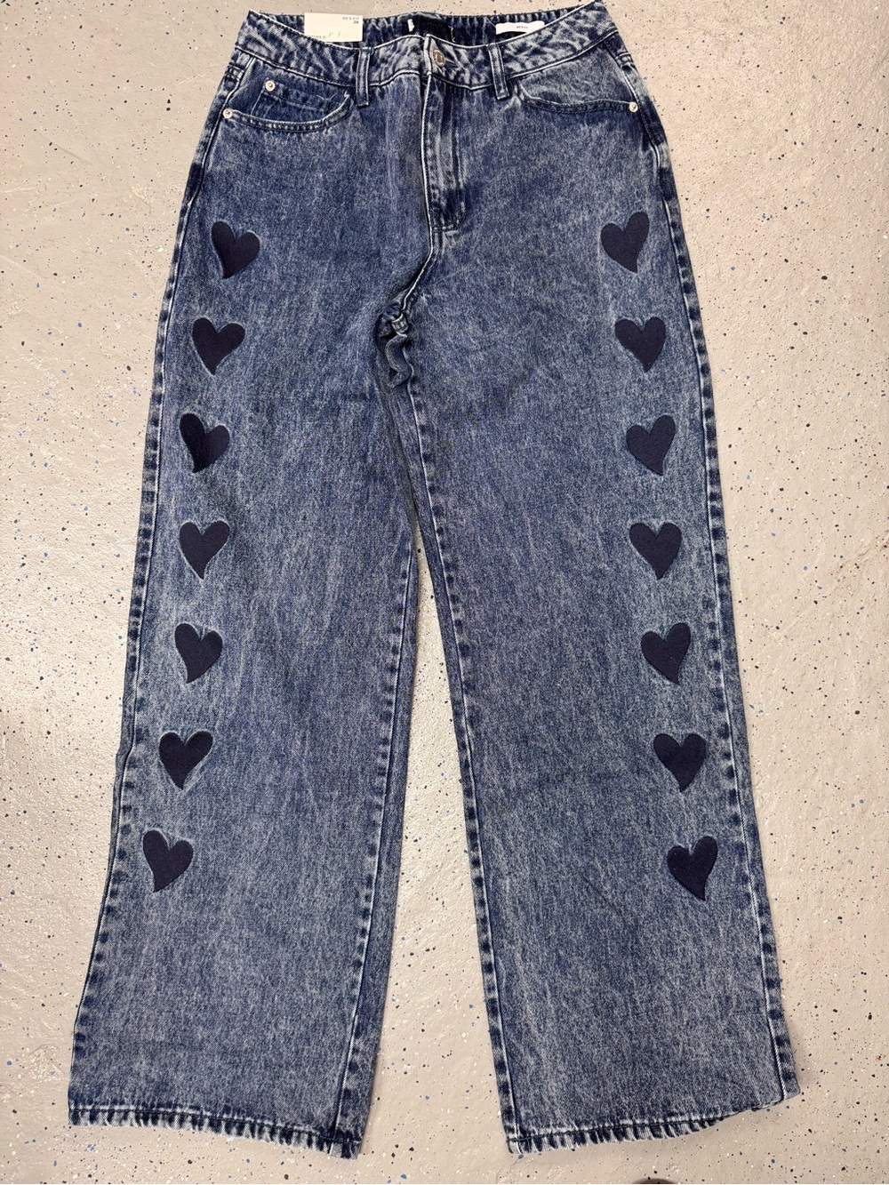 New Women’s Blue Acid-Wash Jeans with Black Heart Side Accents